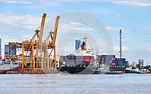 Container cargo ship with bridge crane during a sunny day . import export and international transport industry .