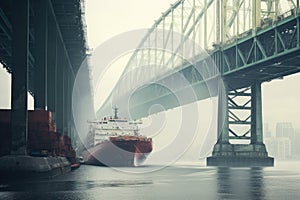 Container Cargo Ship and Bridge in a Foggy Morning, New York City, A cargo ship passing beneath a bridge, AI Generated