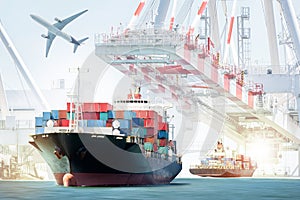 Container Cargo ship and Cargo plane for logistic import export background