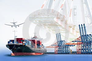 Container cargo ship and cargo plane with port crane bridge in harbor, Freight Transportation