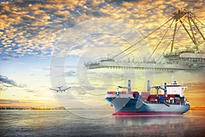 Container cargo ship and cargo plane with port crane bridge in harbor at sunset sky, Freight Transportation