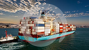 Container cargo ship carrying commercial container in import export business commerce logistic and transportation of international
