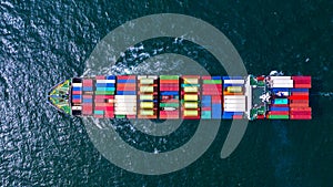 Container cargo ship carrying container for business freight import and export, Aerial view container ship arriving in commercial