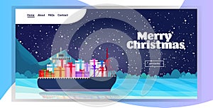 Container cargo ship with gift present boxes logistic sea ocean transportation concept christmas new year winter