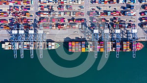 Container cargo ship  loading in a port, Aerial top view container cargo ship