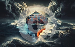 Container Cargo ship in the ocean fighting storm
