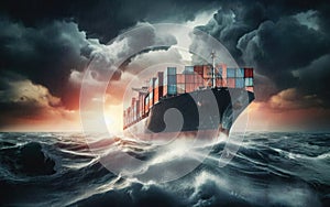 Container Cargo ship in the ocean fighting storm