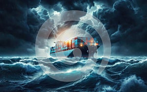 Container Cargo ship in the ocean fighting storm