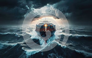 Container Cargo ship in the ocean fighting storm
