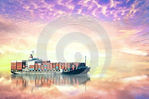 Container Cargo ship in the ocean at sunset sky, Freight Transportation