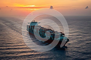 container cargo ship in open sea Aerial view