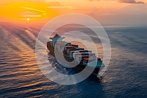 container cargo ship in open sea Aerial view