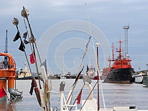 Container cargo ship and other sea transport in harbor