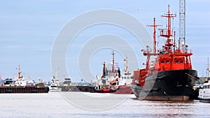 Container cargo ship and other sea transport in harbor