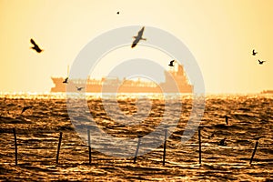 Container cargo ship in stormy sea