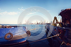 Container Cargo Ship with working crane bridge in shipyard background, Freight Transportation, Logistic Import Export background c