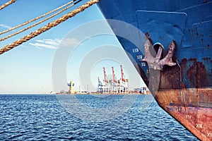 Container Cargo Ship with working crane bridge in shipyard background, Freight Transportation, Logistic Import Export background c