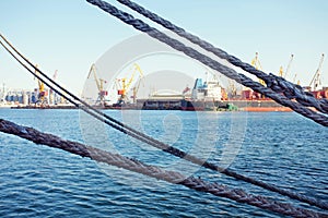 Container Cargo Ship with working crane bridge in shipyard background, Freight Transportation, Logistic Import Export background c