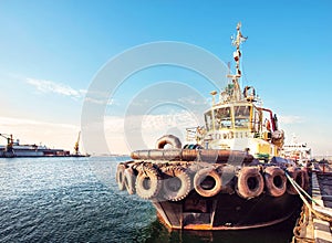 Container Cargo Ship with working crane bridge in shipyard background, Freight Transportation, Logistic Import Export background c