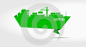 Container cargo shipping. Paper cut ribbon banner. Flat vector illustration isolated on white