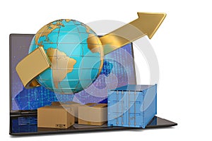 Container and carton and globe with laptop on white background.3D illustration.