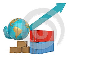 Container and carton with globe on white background.3D illustration.