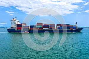 Container , container ship in export and import business and logistics. Shipping cargo to harbor by crane. Water transport