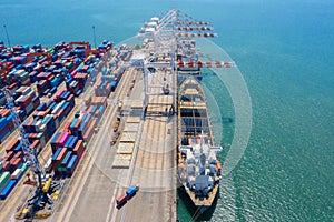 Container , container ship in export and import business and logistics. Shipping cargo to harbor by crane. Water transport