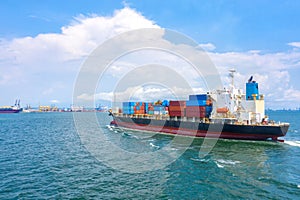 Container , container ship in export and import business and logistics. Shipping cargo to harbor by crane. Water transport