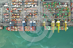 Container , container ship in export and import business and logistics. Shipping cargo to harbor by crane. Water transport