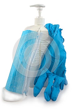 Container for disinfected solutions with a spray bottle, rectangular shape, latex gloves, medical mask, white plastic