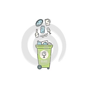 Container dumpster with glass garbage sorting and recycling. Vector contour doodle isolated illustration.