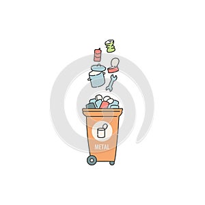 Container dumpster with metal garbage sorting and recycling. Vector contour doodle isolated illustration.