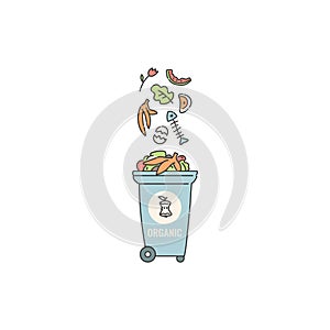 Container dumpster with organic leftovers garbage sorting and recycling. Vector contour doodle isolated illustration.