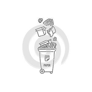 Container dumpster with paper garbage sorting and recycling. Vector black white contour doodle isolated illustration.