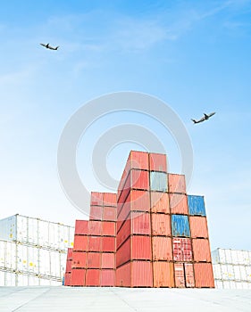 Container Export Logistic Crane Forklift Port Blue Sky Background Space Road Import Business Freight Logistic Transport Custom