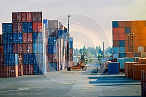 Container forklift on international shipping port Logistics