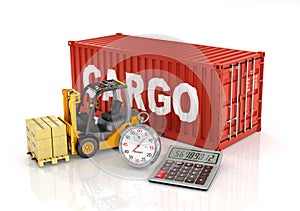 Container with forklift stacker loader holding cardboard boxes a