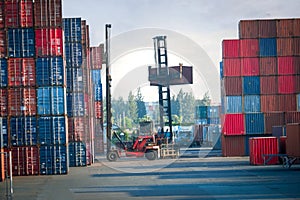 Container forklift working in port, cargo view