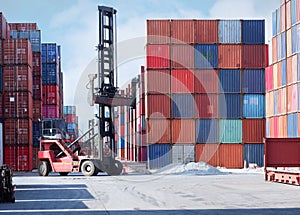 container forklift in the container yard waiting for packing industry perspective
