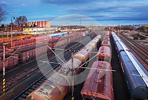 Container Freight Train in Station, Cargo railway transportation industry