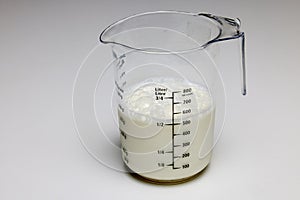 a container with graduated milk