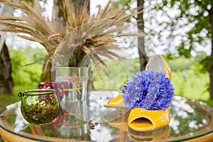 Container with green sprouts and yellow shoes