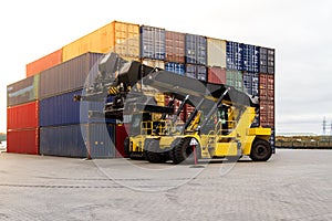 Container handlers. Forklift truck in shipping yard.