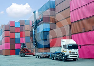 Container handlers Load to truck In the shipping dock with storage cabinet background, industrial ideas Import and export