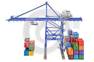 Container handling gantry crane with freight containers, 3D rendering