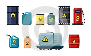 Container with hazard toxic and chemical liquid. Flammable waste, biohazard. Vector illustration