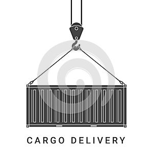 Container hung on a hook with slings. Vector illustration of cargo delivery. Commercial transport services