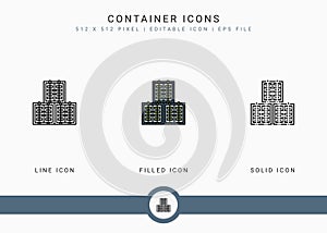 Container icons set vector illustration with solid icon line style. Logistic delivery concept.