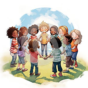 The container illustration of multicultural children holding hands